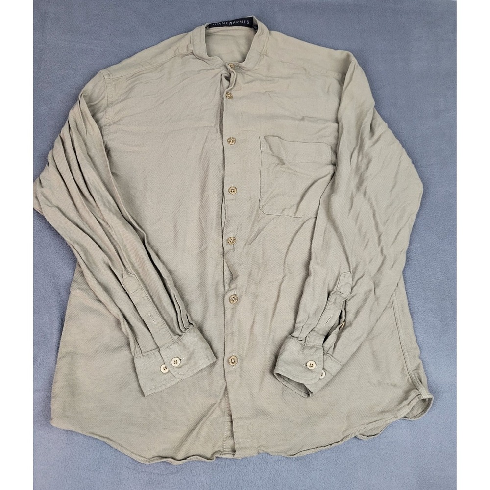 Jhane Barnes Banded Collar Shirt Mens Large Brown Lightweight Mandarin Preppy‎